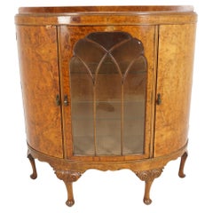 Antique Quality Ant. Burr Walnut Demi Lune China Cabinet, Display, Scotland 1920, H765