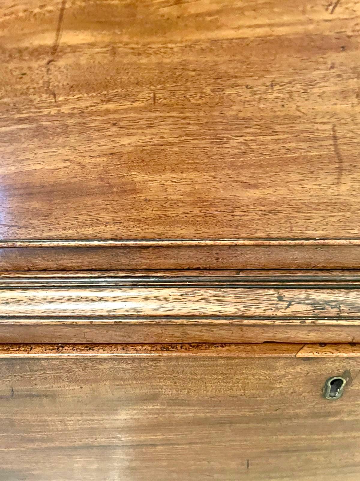 Antica cassettiera in mogano figurato di qualità del XVIII secolo di Giorgio III con la parte superiore che presenta una cornice sagomata con un blocco in mogano sopra due cassetti corti e tre lunghi con rivestimento in Oak e graziose maniglie ovali