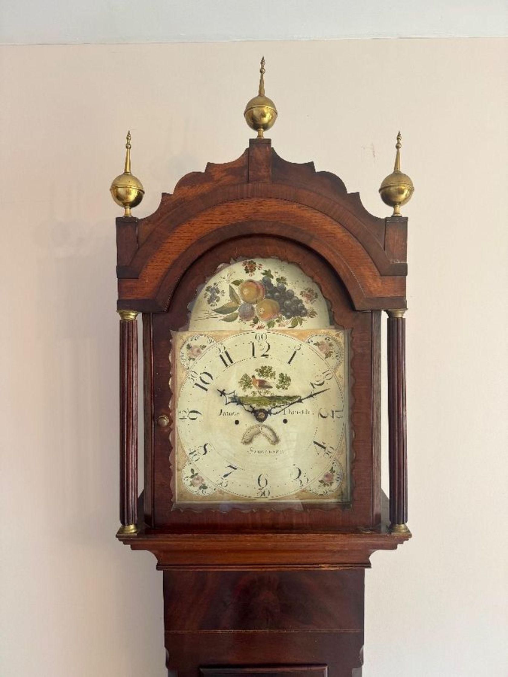 Quality Antique 18th century mahogany longcase clock, having a quality antique 18th century longcase clock, a quality mahogany case with a rectangular door to the front opening to reveal the original pendulum, the mahogany hood finished with three