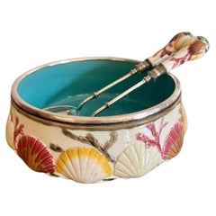 Quality antique 19th century majolica salad bowl and servers