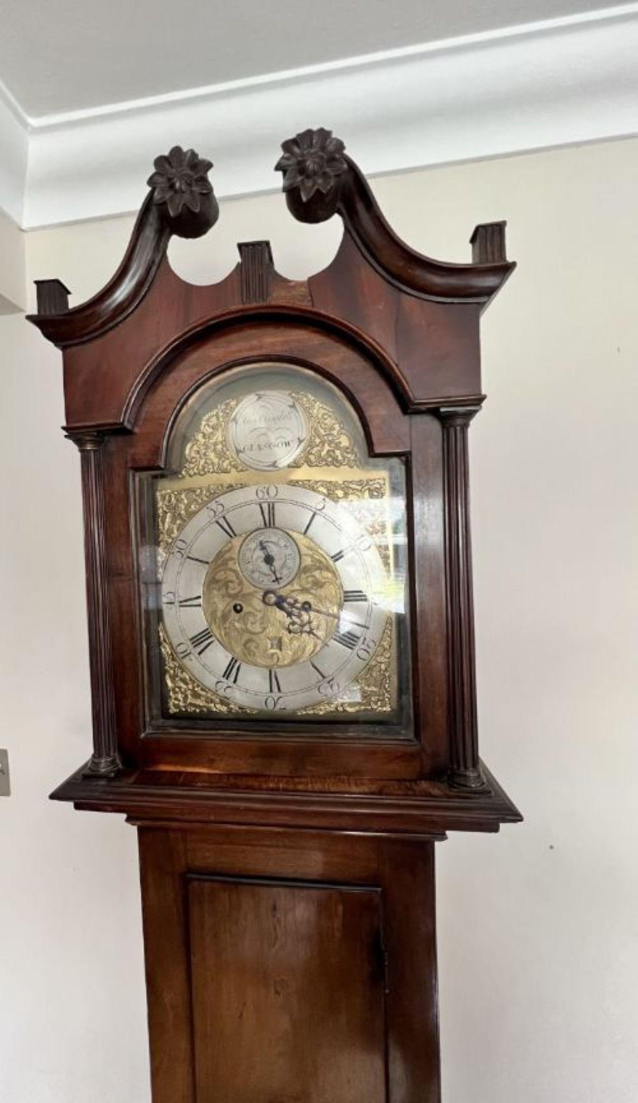 Quality antique 19th century Scottish mahogany long case clock having a brass dial with subsidiary seconds dial with date aperture, signed to the break arch John Campbell Glasgow with a wonderful mahogany case
Please note all of our clocks are