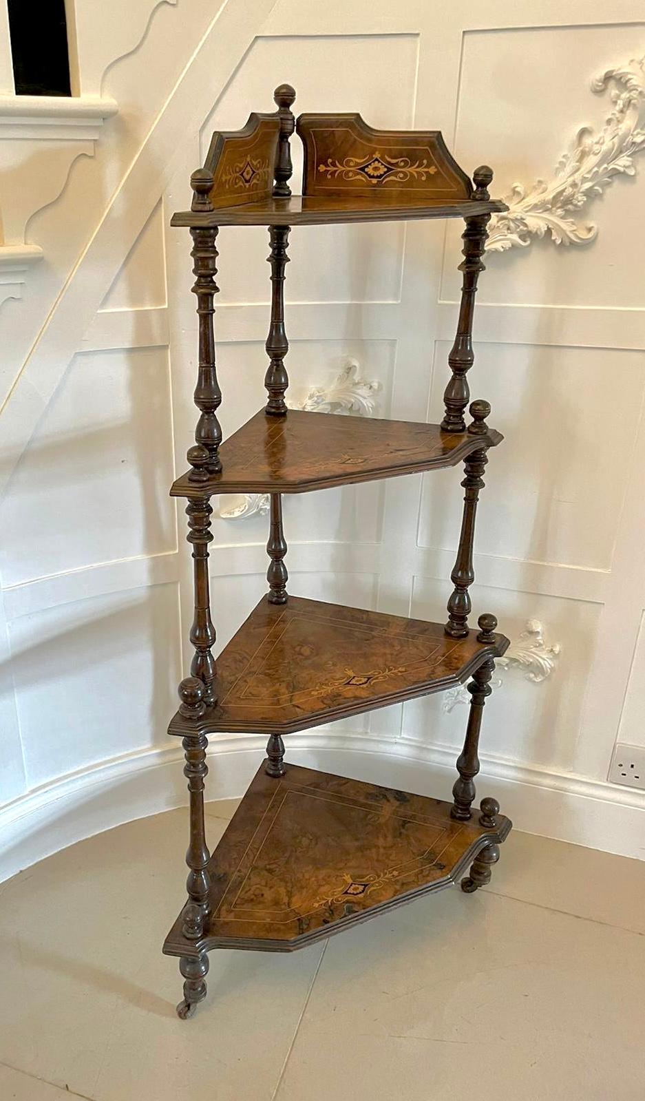 English Quality Antique 19th Century Victorian Inlaid Walnut Four Tier Corner Whatnot For Sale