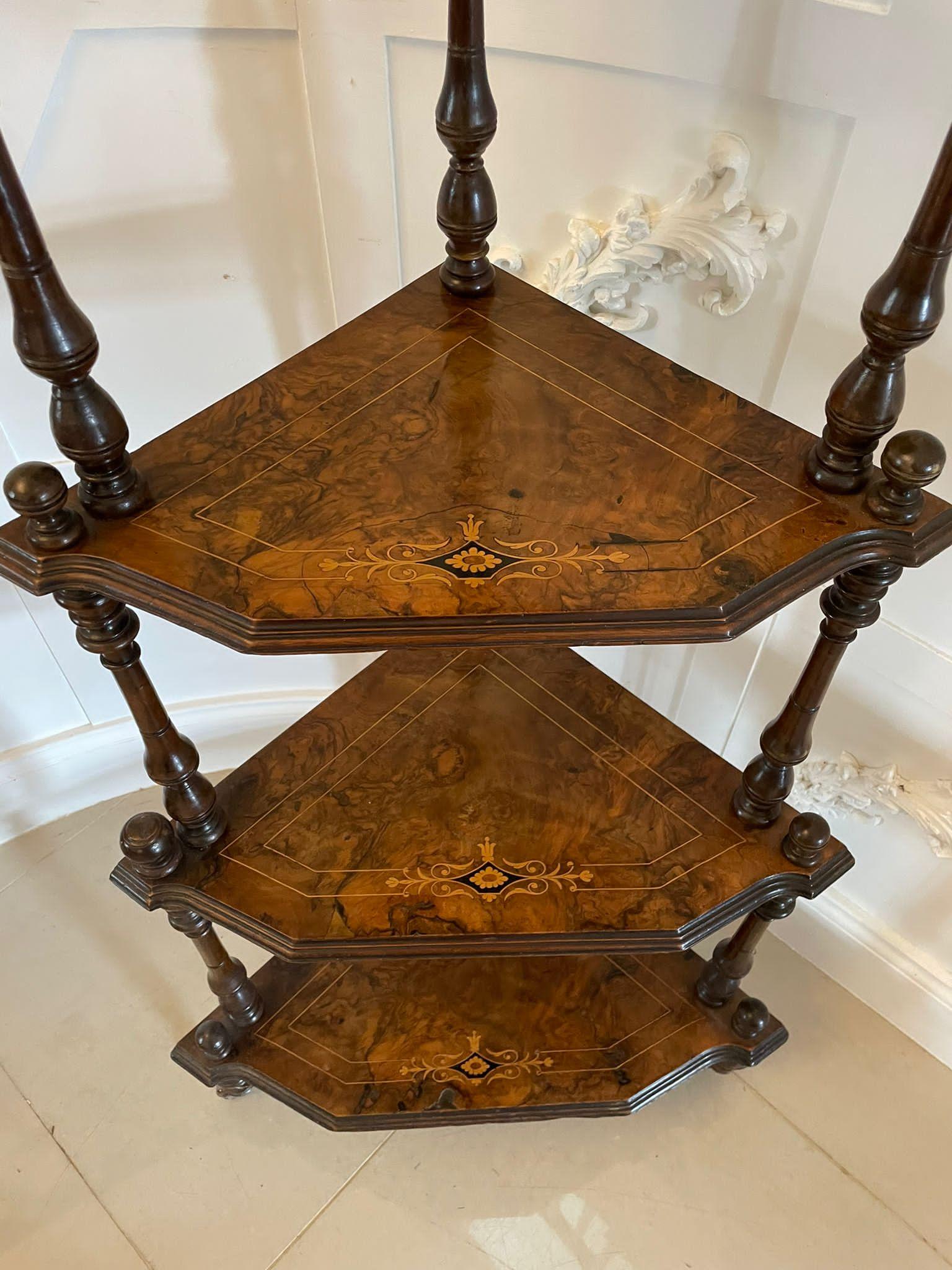 Quality Antique 19th Century Victorian Inlaid Walnut Four Tier Corner Whatnot In Good Condition For Sale In Suffolk, GB