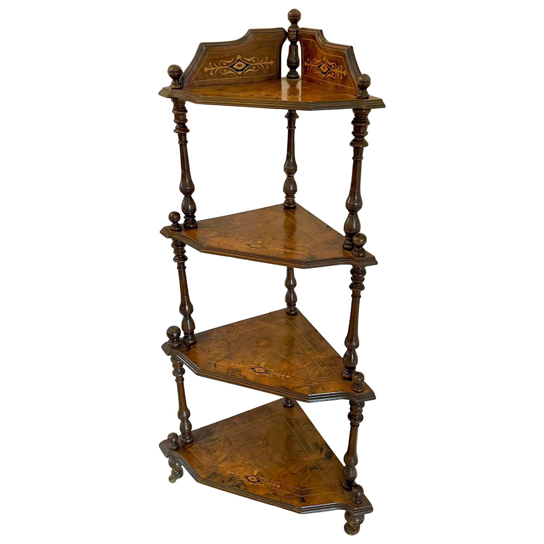 Quality Antique 19th Century Victorian Inlaid Walnut Four Tier Corner Whatnot