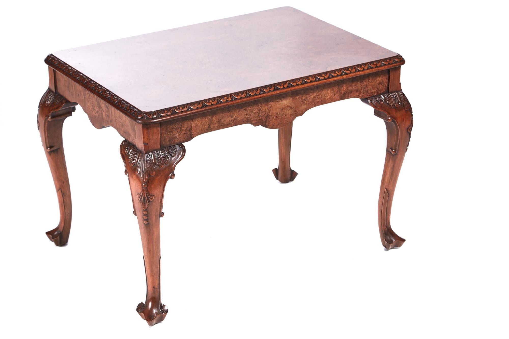 Quality antique burr walnut coffee table having a quality burr walnut top with a carved edge. Shaped frieze standing on 4 shaped carved cabriole legs with carved knees.
Fantastic color and condition.
Measures: 26