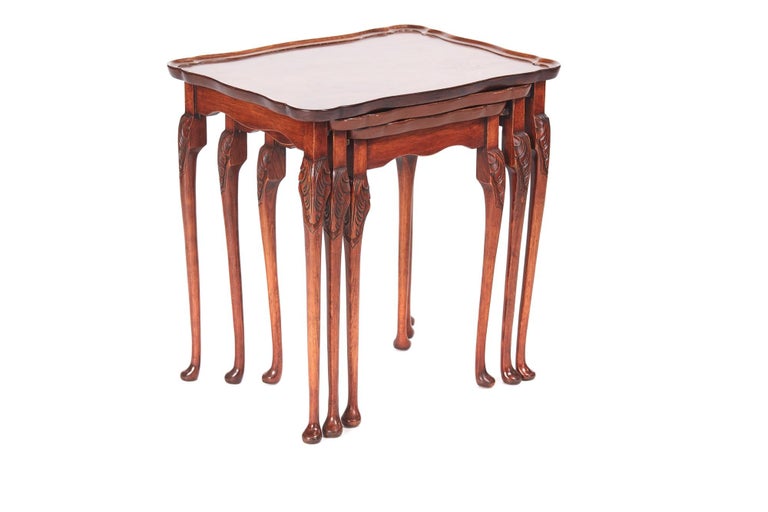 Quality antique burr walnut nest of three tables with very attractive burr walnut shaped tops. Raised on elegant carefully carved cabriole legs with pad feet.

Splendid tone and condition.


   