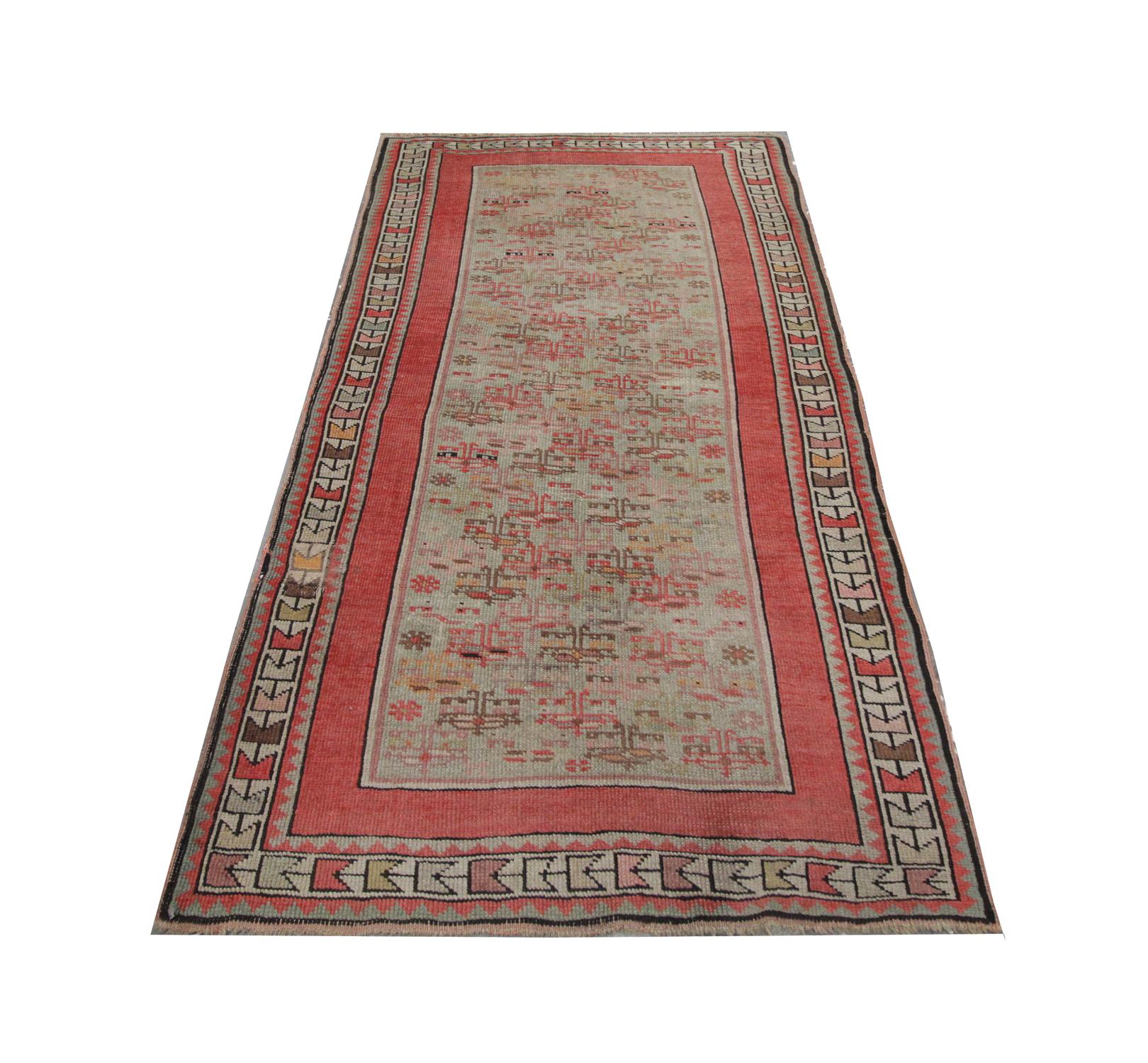Light up your interior floors with this high-quality antique Caucasian Karabagh rug, with an abstract layered motif design- handwoven in 1890 with hand-spun, vegetable-dyed wool, and cotton, by some of the finest artisans. Perfect for both modern or