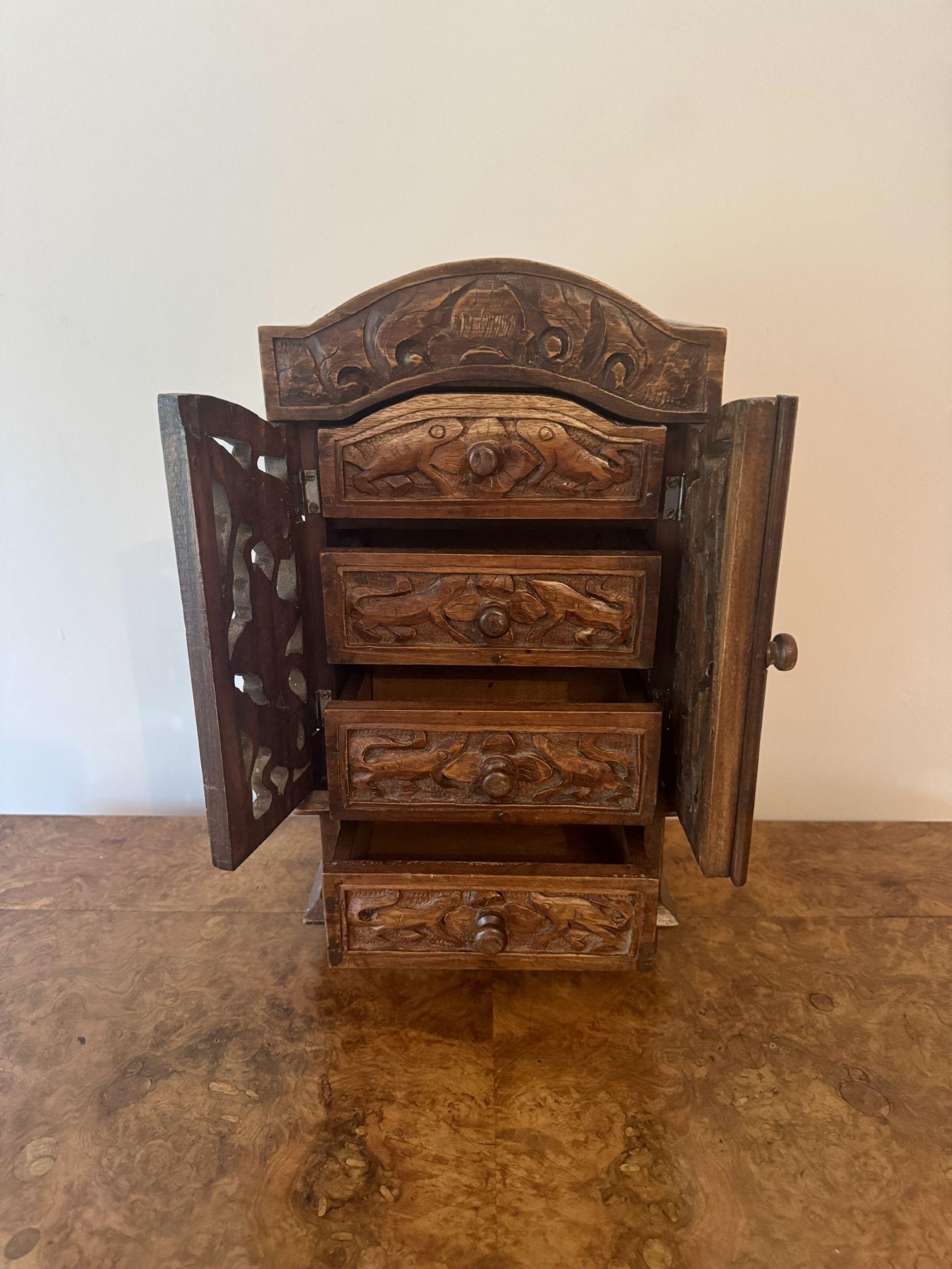 Carved Quality antique carved oak table top cabinet For Sale