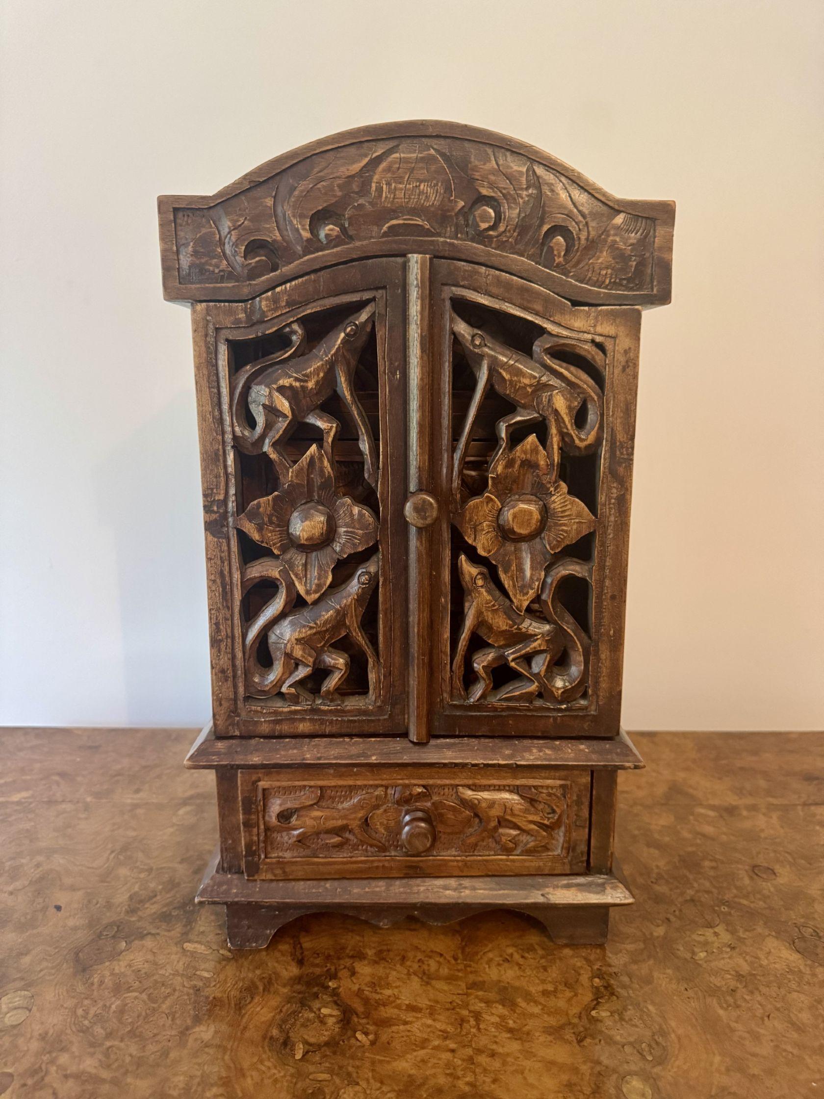 Oak Quality antique carved oak table top cabinet For Sale