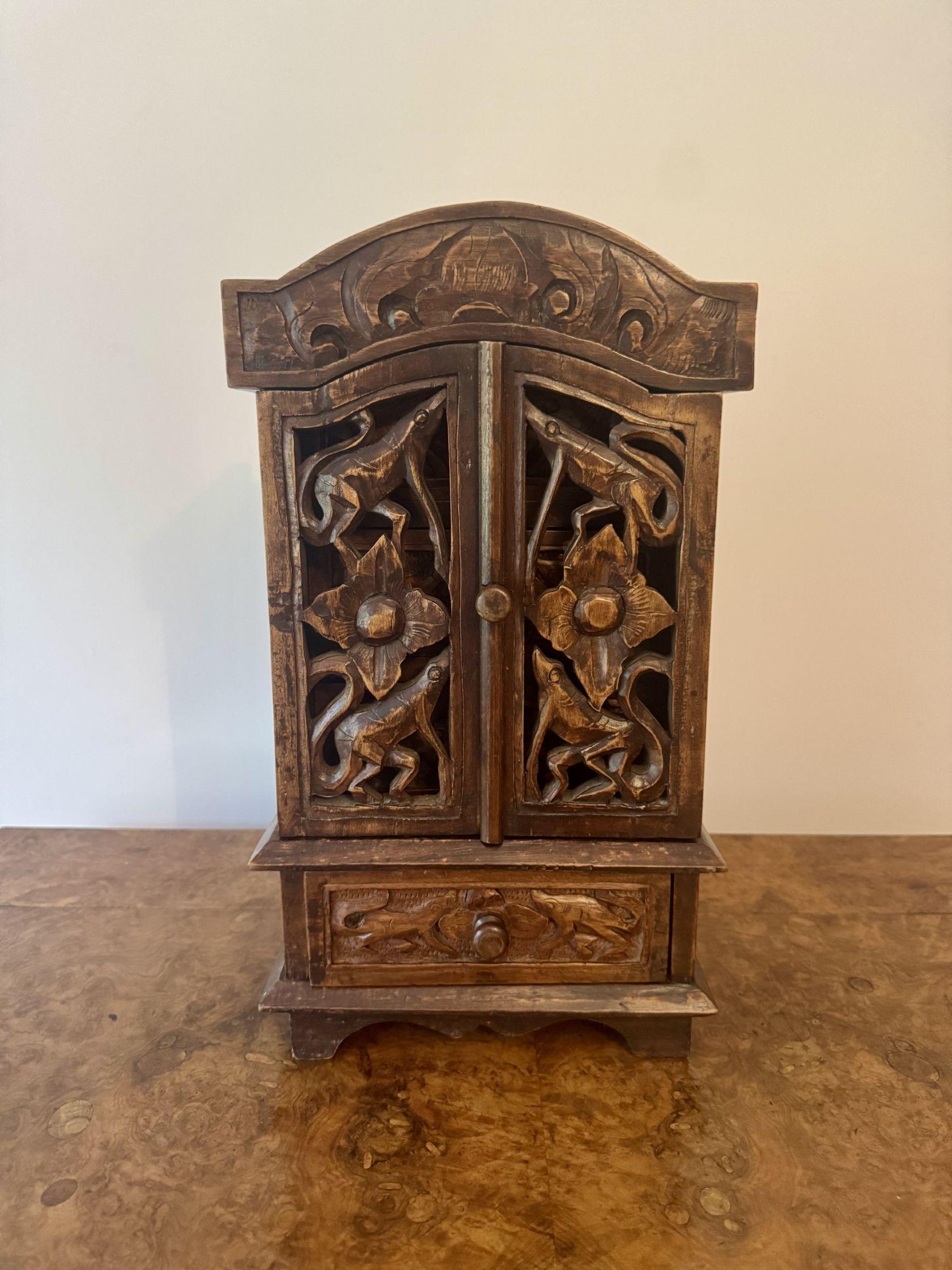 Quality antique carved oak table top cabinet For Sale 1