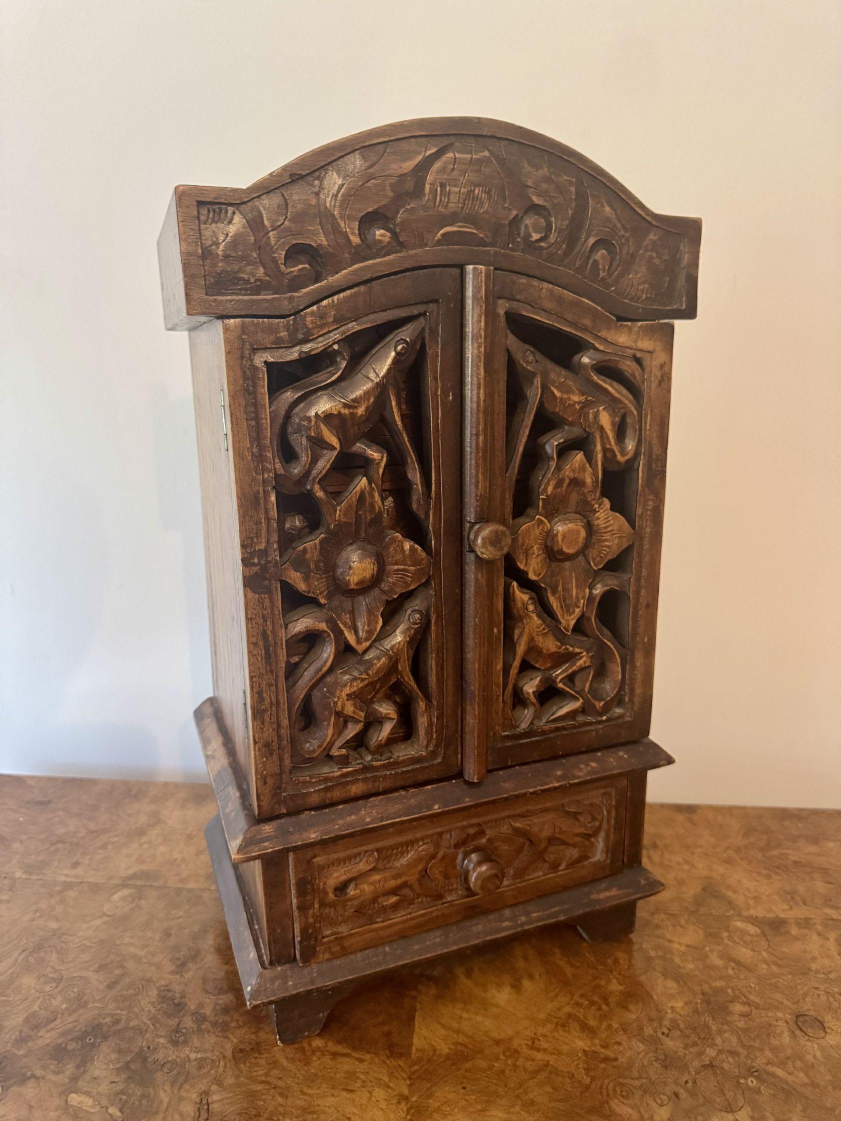 Quality antique carved oak table top cabinet For Sale 2