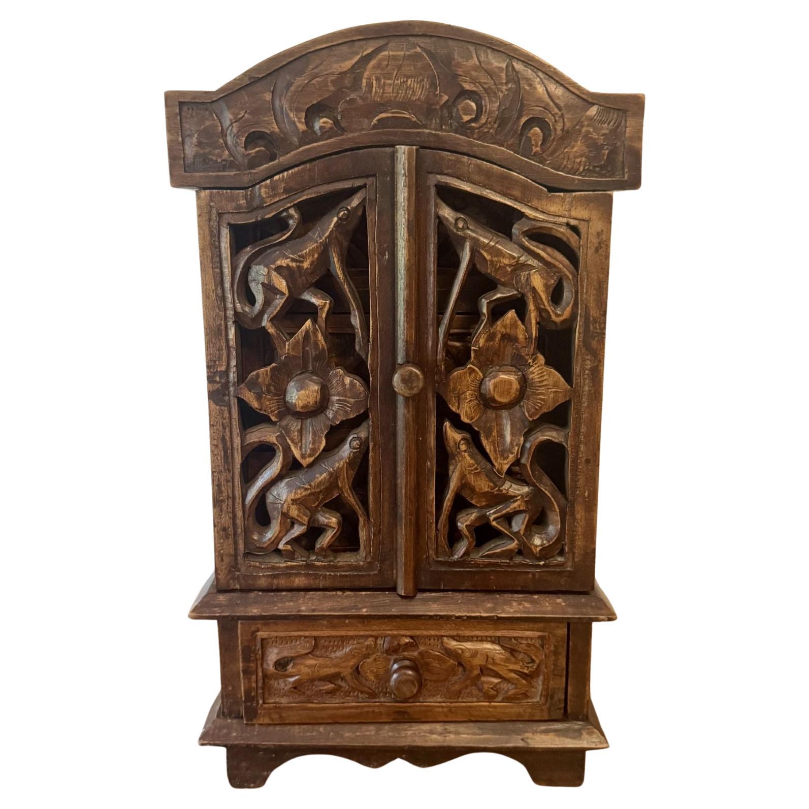 Quality antique carved oak table top cabinet