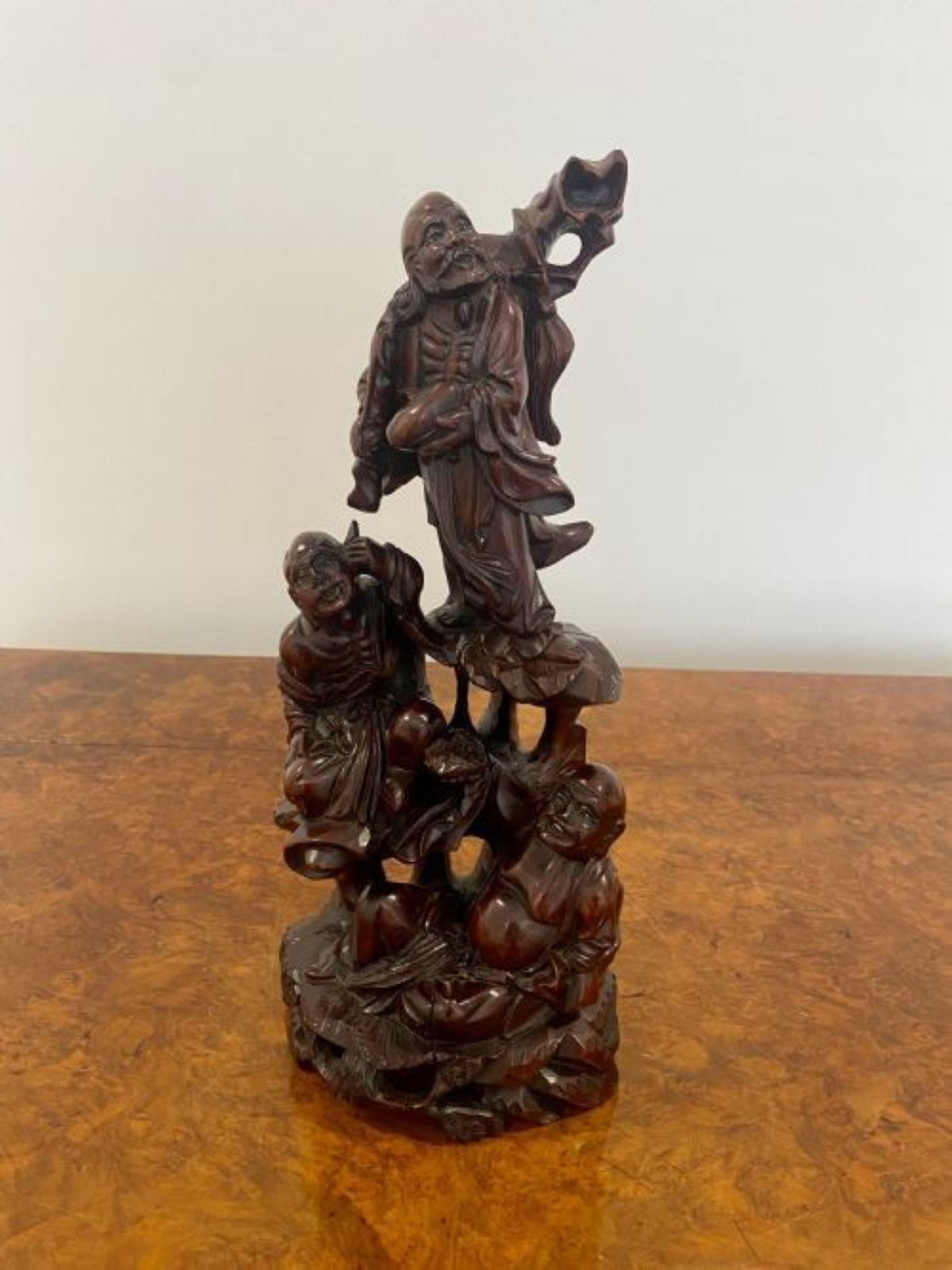 Quality antique Chinese carved hardwood group, Quality Chinese wood carving with wonderful colour depicting a shoulou with a staff, Chinese man and a Buddha 