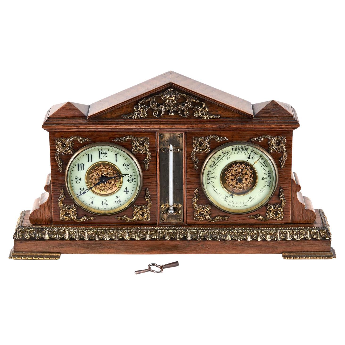 Reloj de sobremesa y barómetro antiguos de calidad