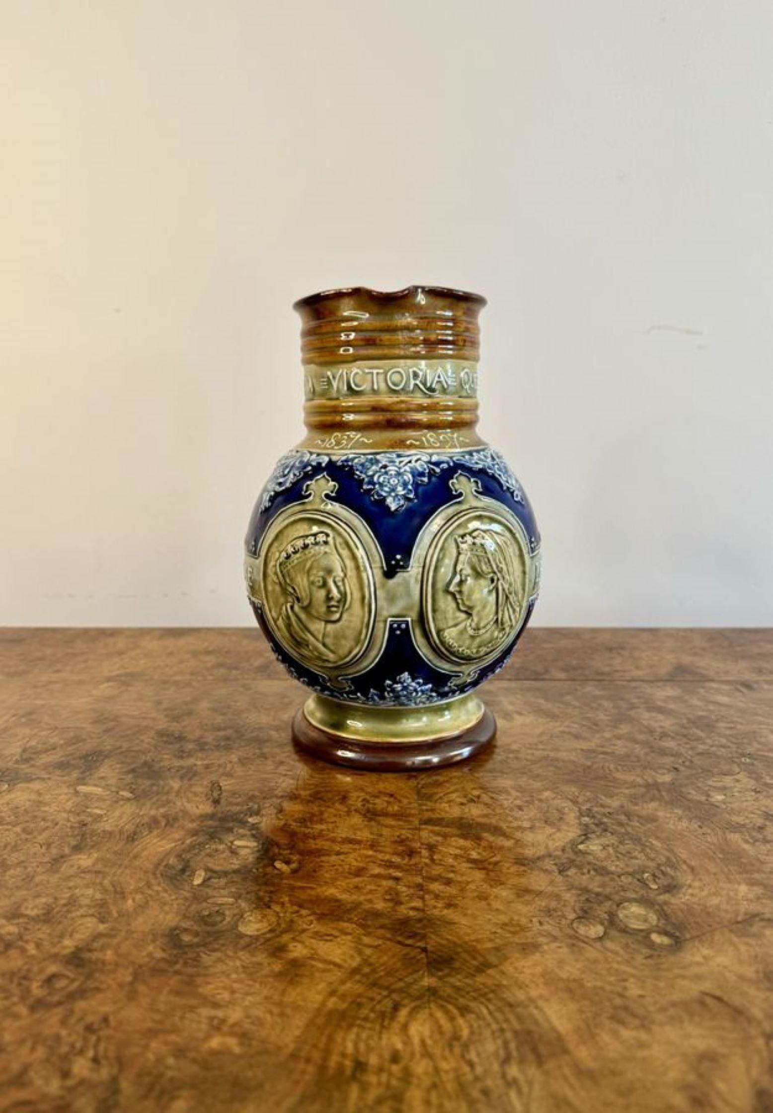 Quality antique Doulton Lambeth Queen Victoria jubilee jug, having a quality antique Victorian Doulton jubilee stoneware jug crafted to commemorate the Diamond Jubilee of the Queen Victoria in 1897 in stunning blue, green and brown colours. Stamped