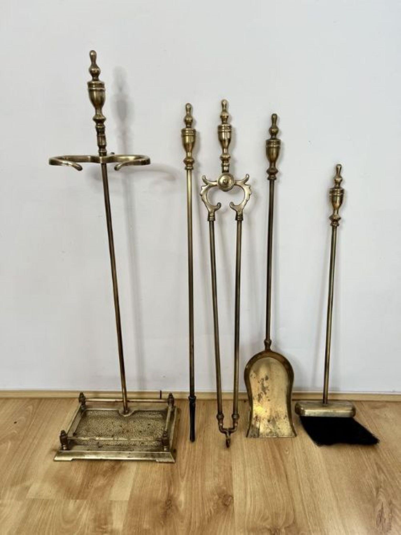 Quality antique Edwardian brass companion set and stand  1