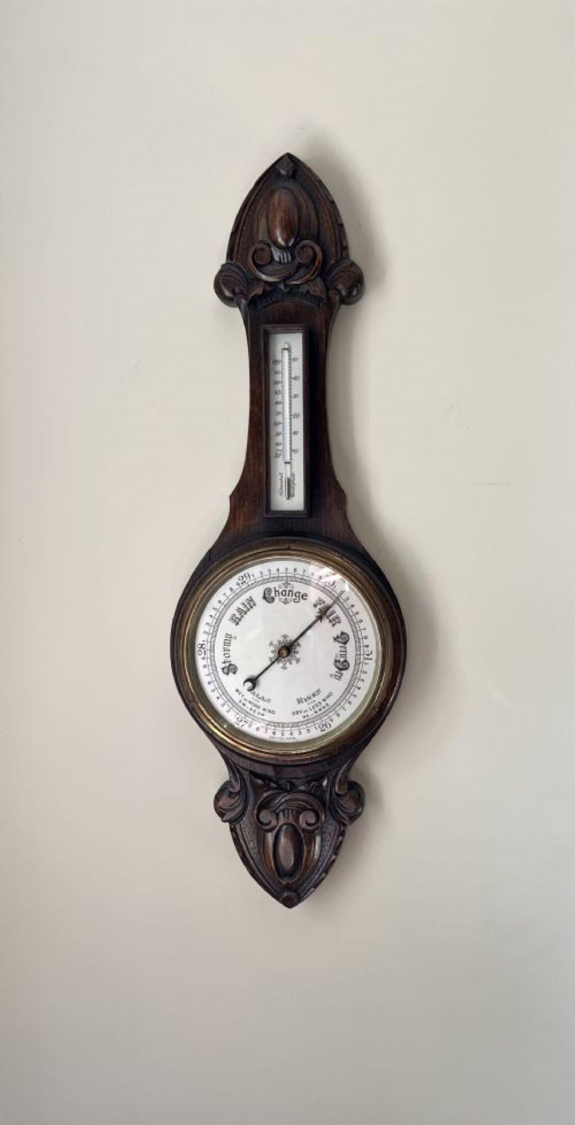 20th Century Quality antique Edwardian carved oak aneroid barometer 
