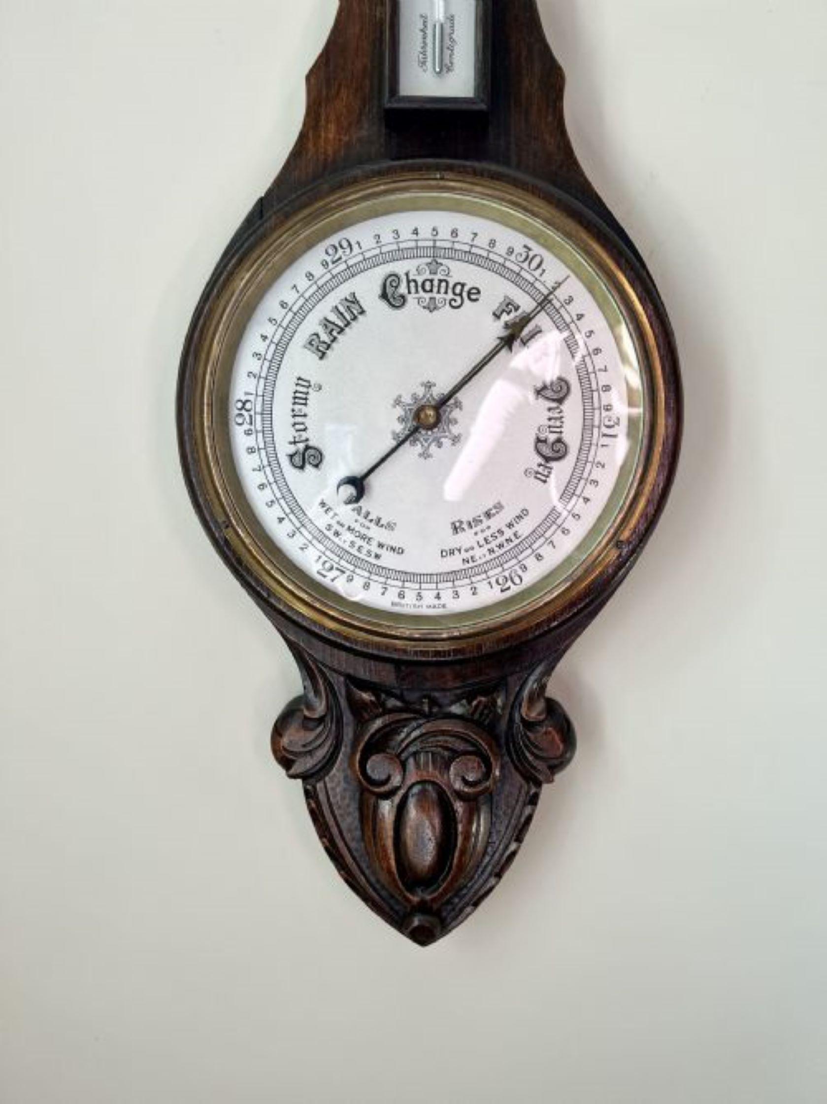 Glass Quality antique Edwardian carved oak aneroid barometer 