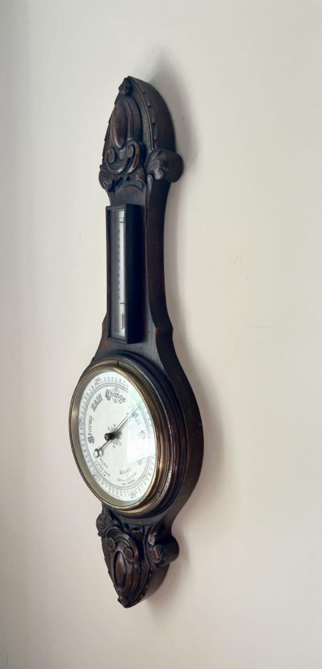 Quality antique Edwardian carved oak aneroid barometer  1