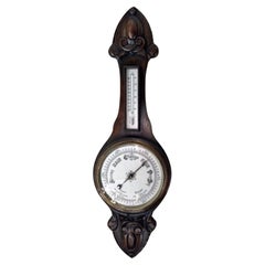 Quality antique Edwardian carved oak aneroid barometer 