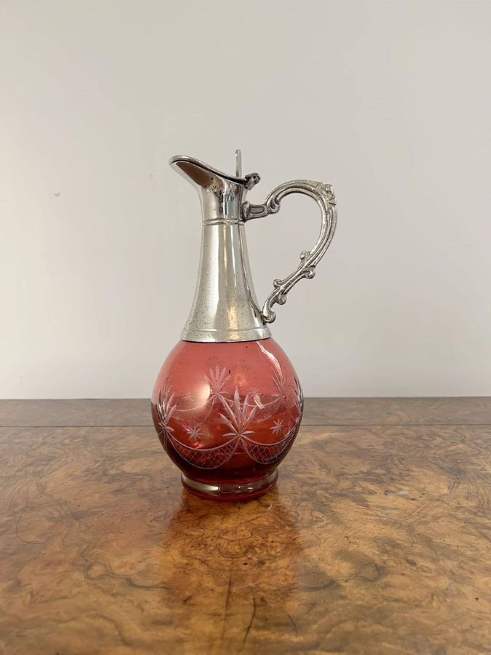 Quality antique Edwardian cranberry glass wine decanter  In Good Condition For Sale In Ipswich, GB