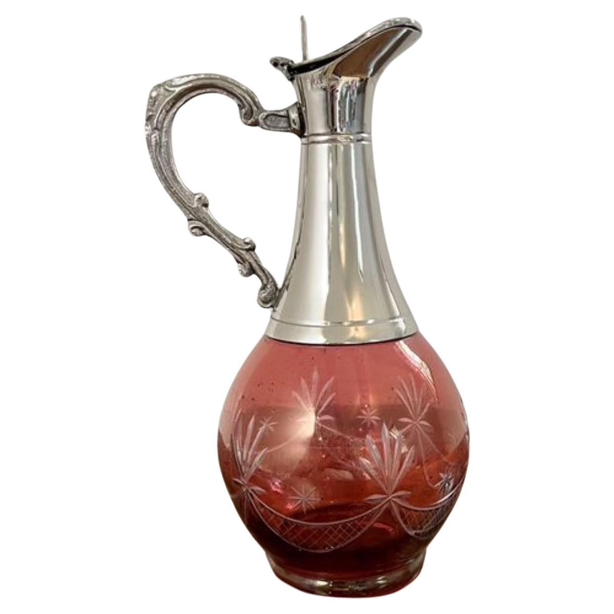 Quality antique Edwardian cranberry glass wine decanter  For Sale