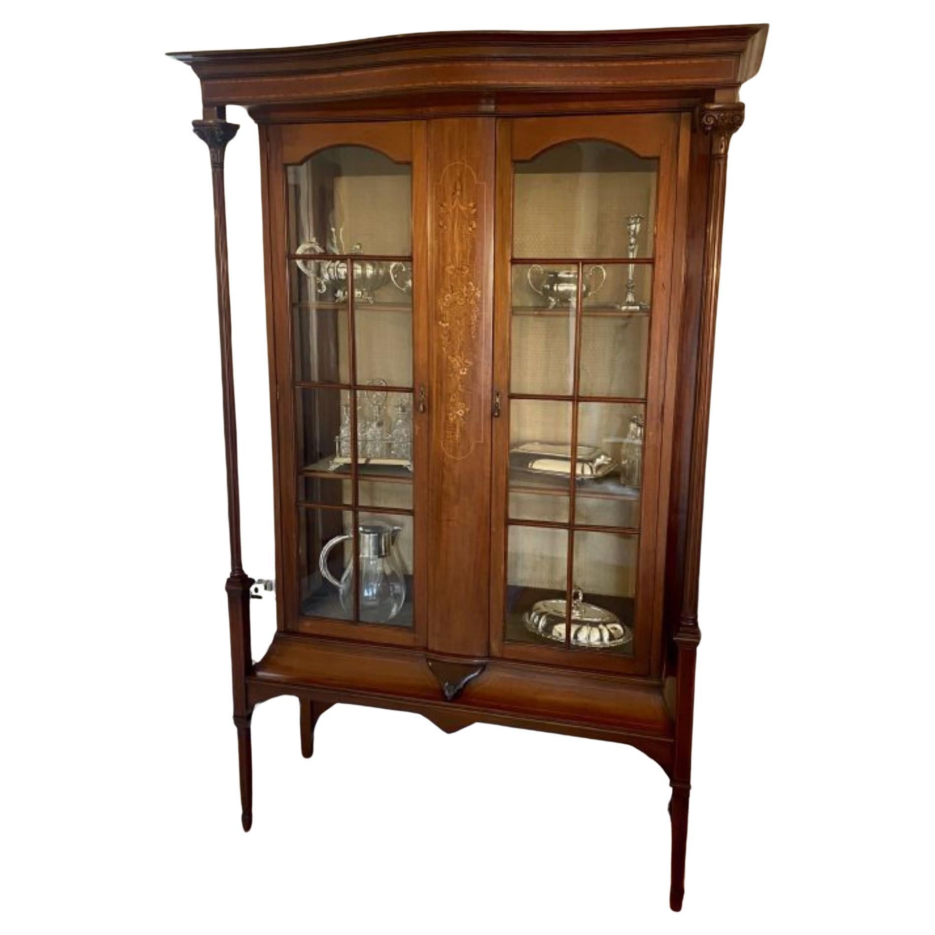 Quality antique Edwardian mahogany inlaid display cabinet For Sale