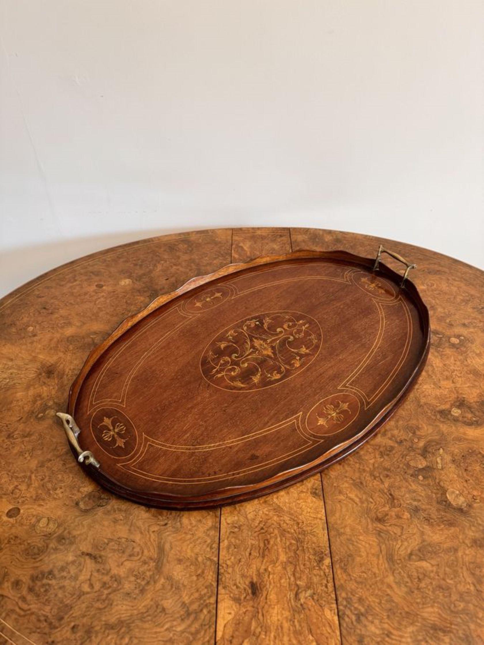 Quality antique Edwardian mahogany inlaid oval tea tray In Good Condition For Sale In Ipswich, GB