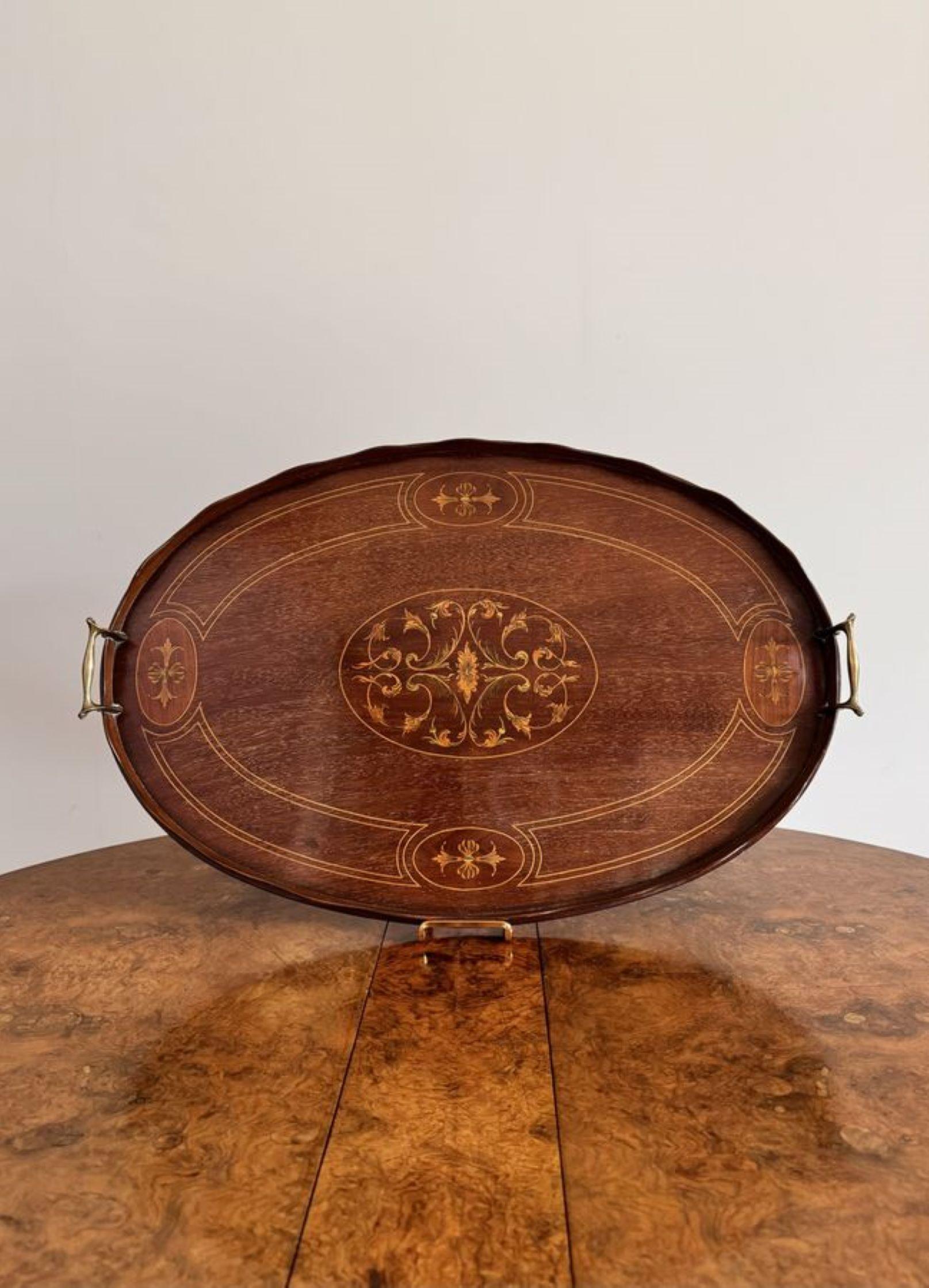 Mahogany Quality antique Edwardian mahogany inlaid oval tea tray For Sale