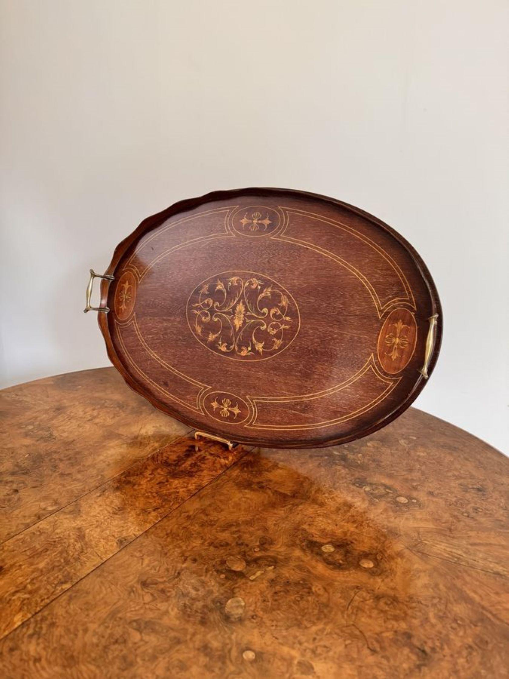 Quality antique Edwardian mahogany inlaid oval tea tray For Sale 1