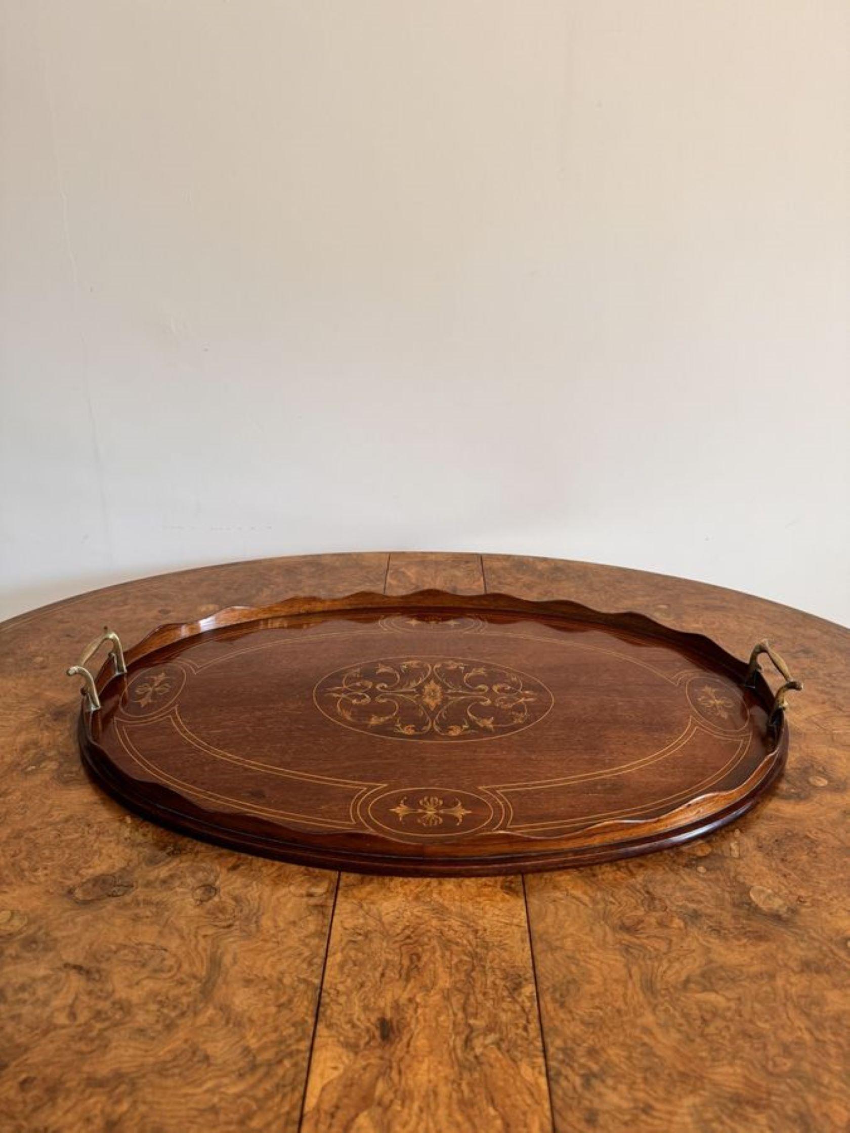 Quality antique Edwardian mahogany inlaid oval tea tray For Sale 2