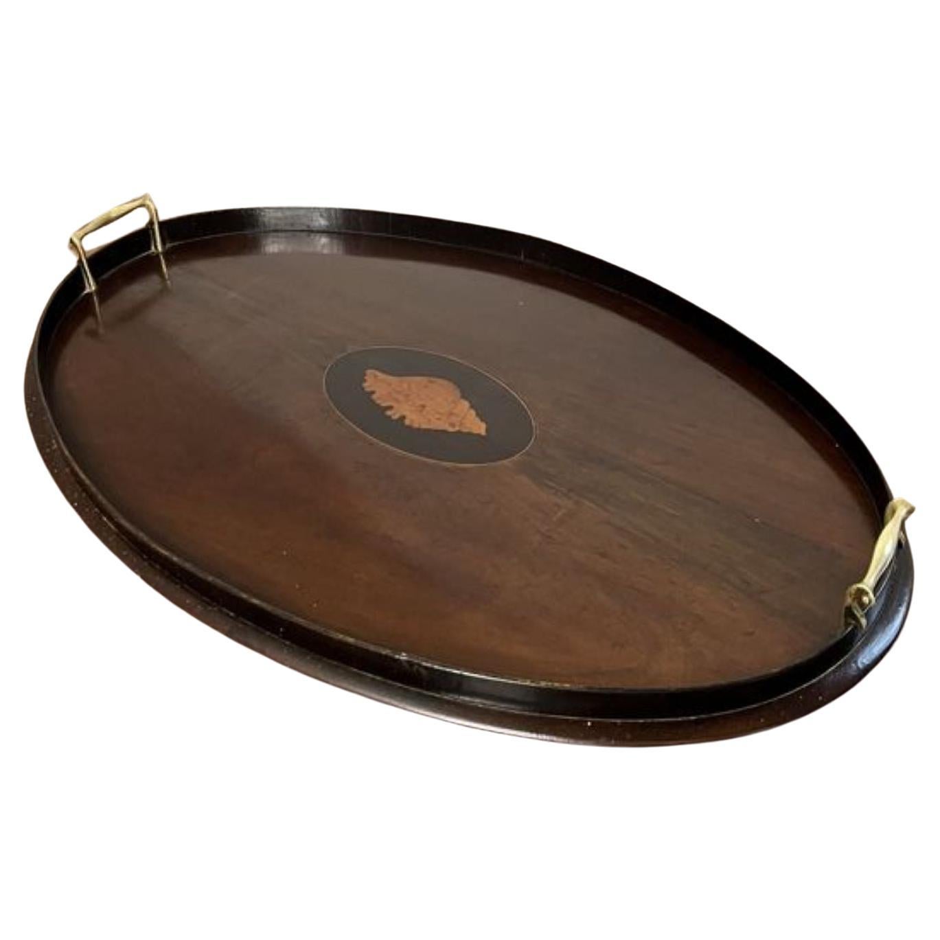 Quality antique Edwardian mahogany inlaid oval tea tray  For Sale