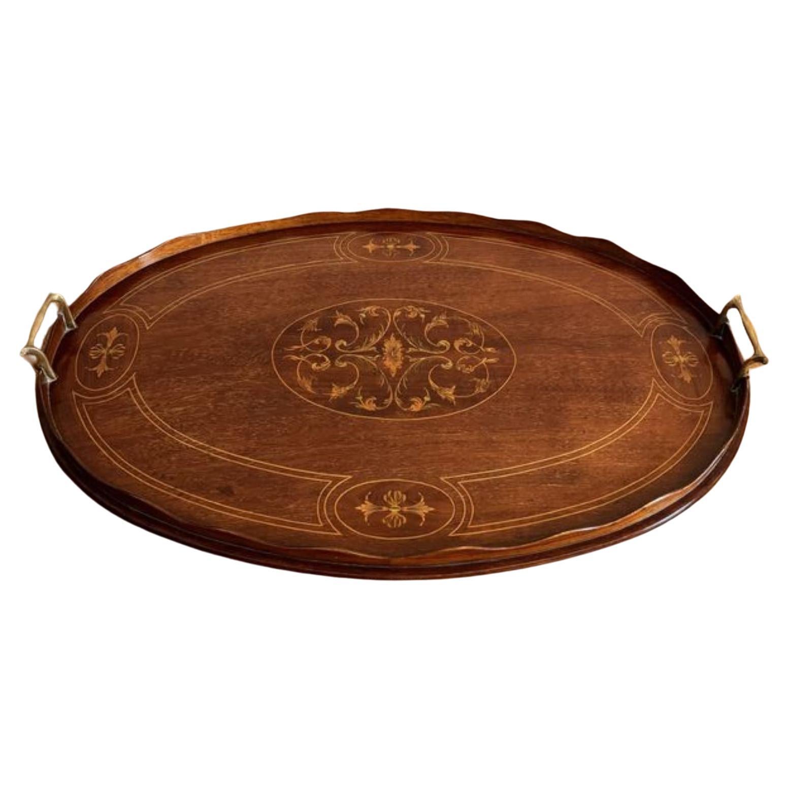 Quality antique Edwardian mahogany inlaid oval tea tray For Sale