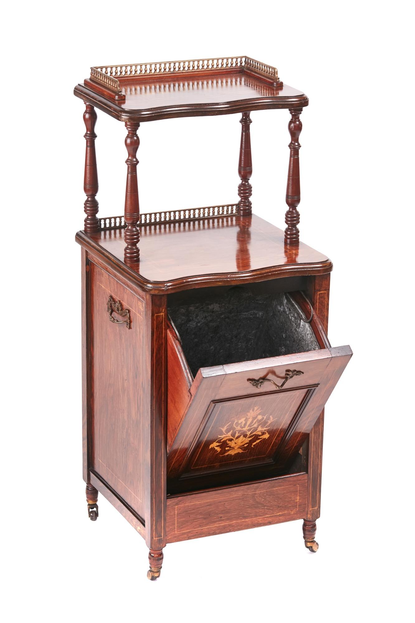 Quality antique Edwardian rosewood inlaid coal purdonium, having a quality brass gallery, shaped shelf, turned supports, fall front with lovely satinwood inlay, original brass handles, standing on turned feet with original brass castors
Lovely