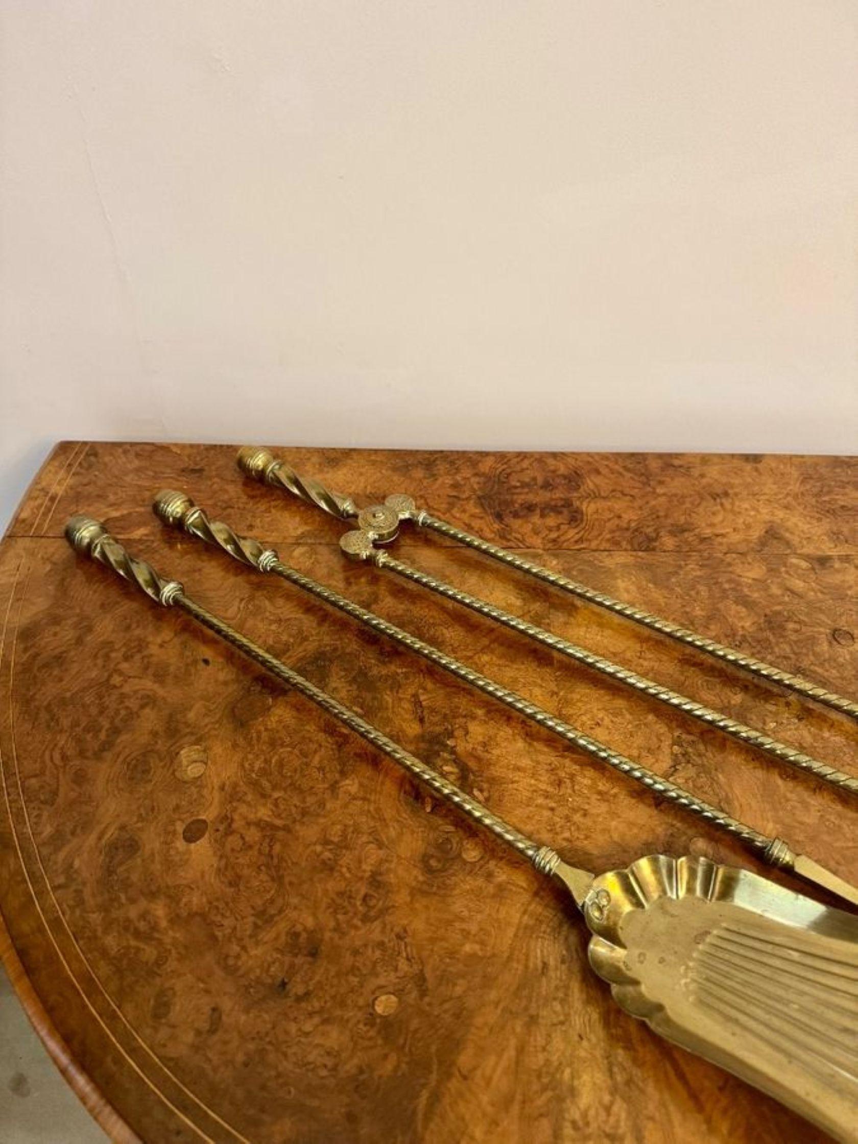 Brass Quality antique Edwardian set of brass fire irons For Sale