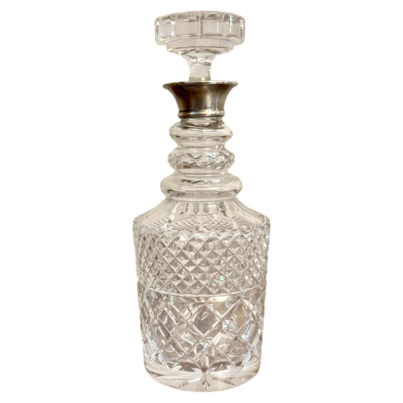 Quality antique Edwardian silver collar cut glass decanter