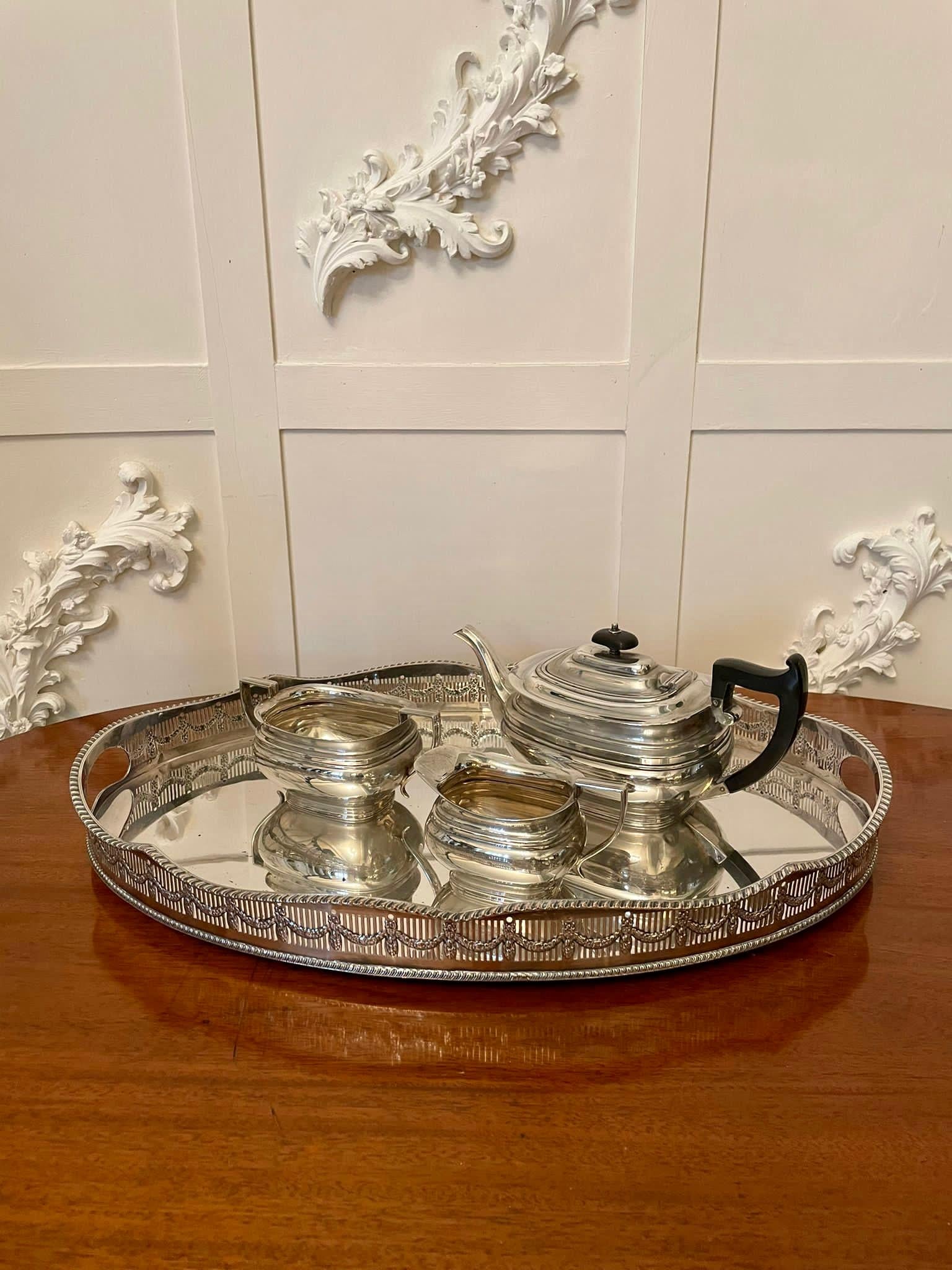 Quality antique Edwardian silver plated gallery tray having a quality ornate pieced ribbon and swag decorated gallery.

Measures: H 7cm 
W 55cm 
D 36.5cm 
Date 1900.


  