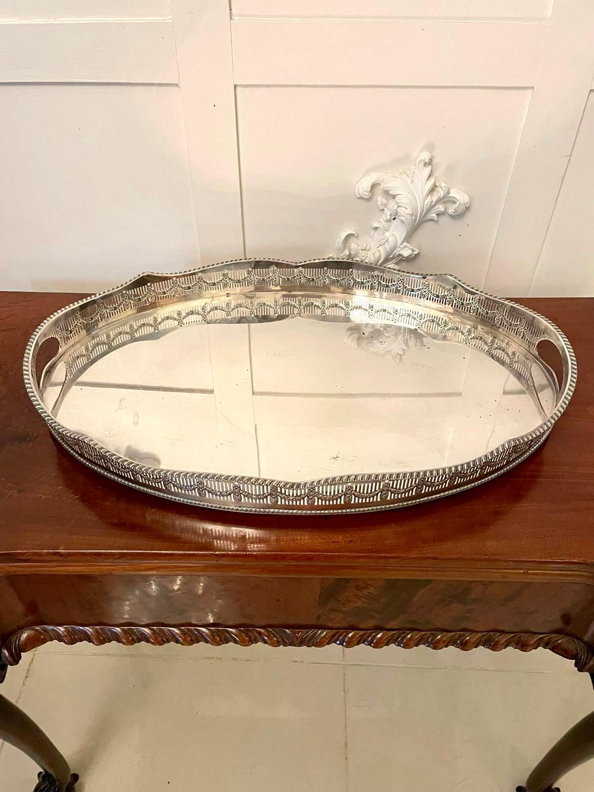 English Quality Antique Edwardian Silver Plated Gallery Tray For Sale