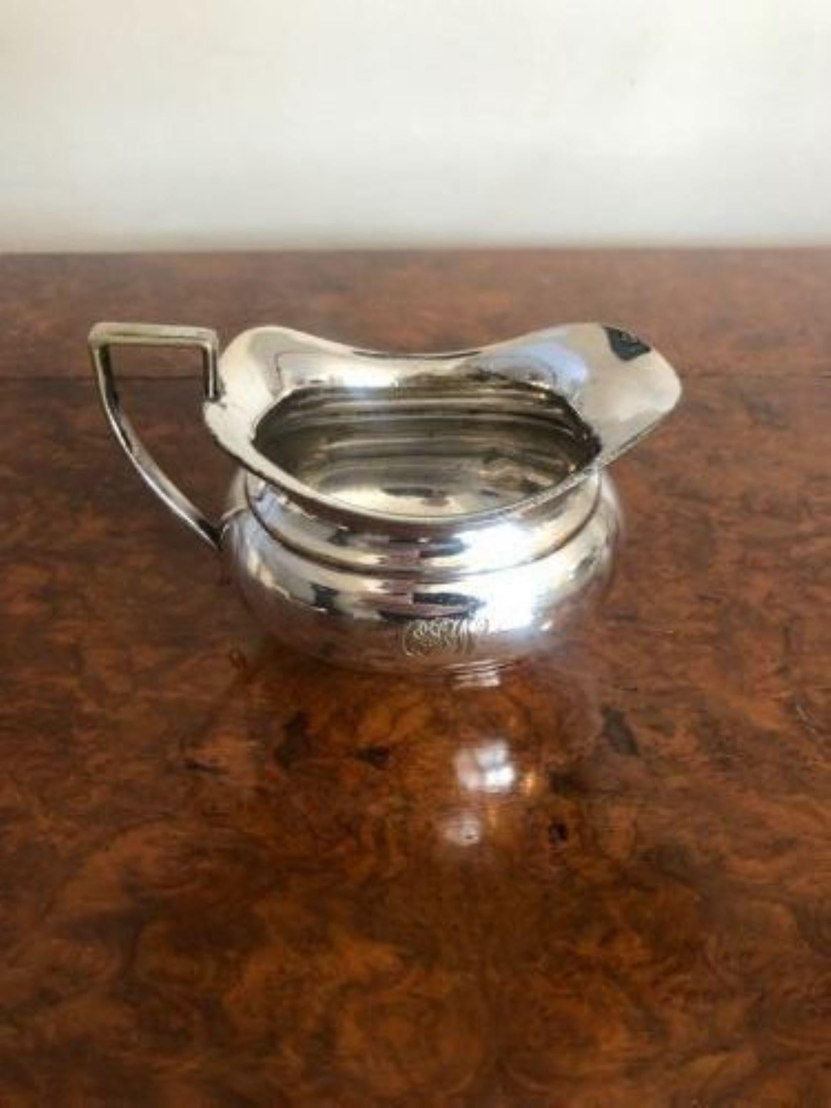 Quality antique Edwardian silver plated tea set, consisting of four silver plated tea service items, initial engraving as shown, with shaped handles