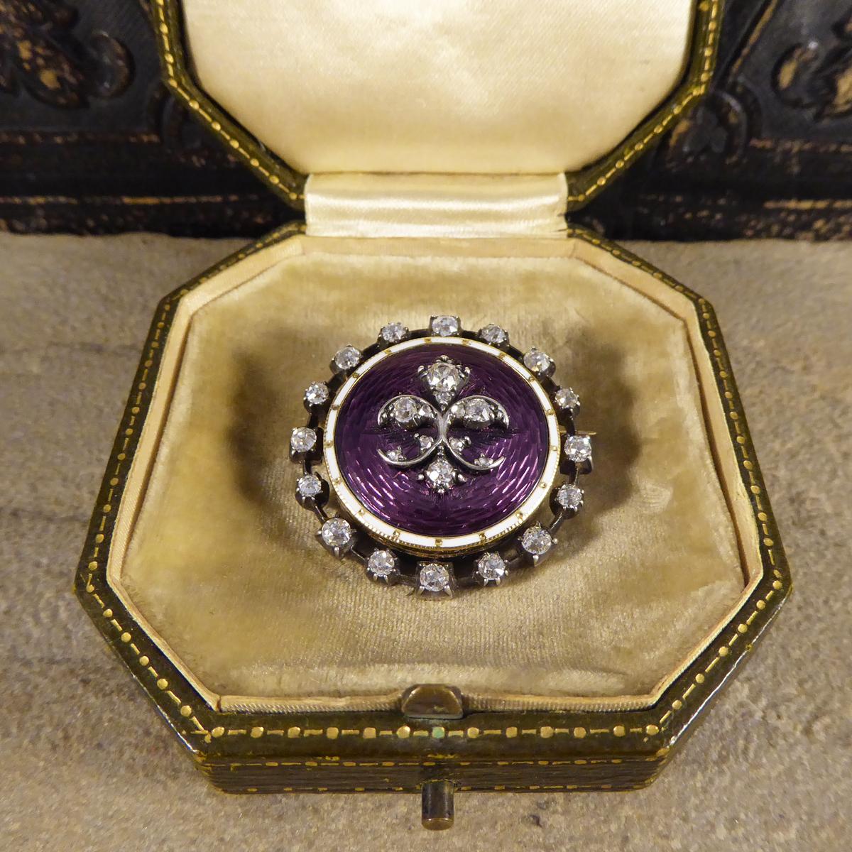 Women's or Men's Quality Antique Enamel Mourning Brooch Mounted in Gold and Silver in Antique Box