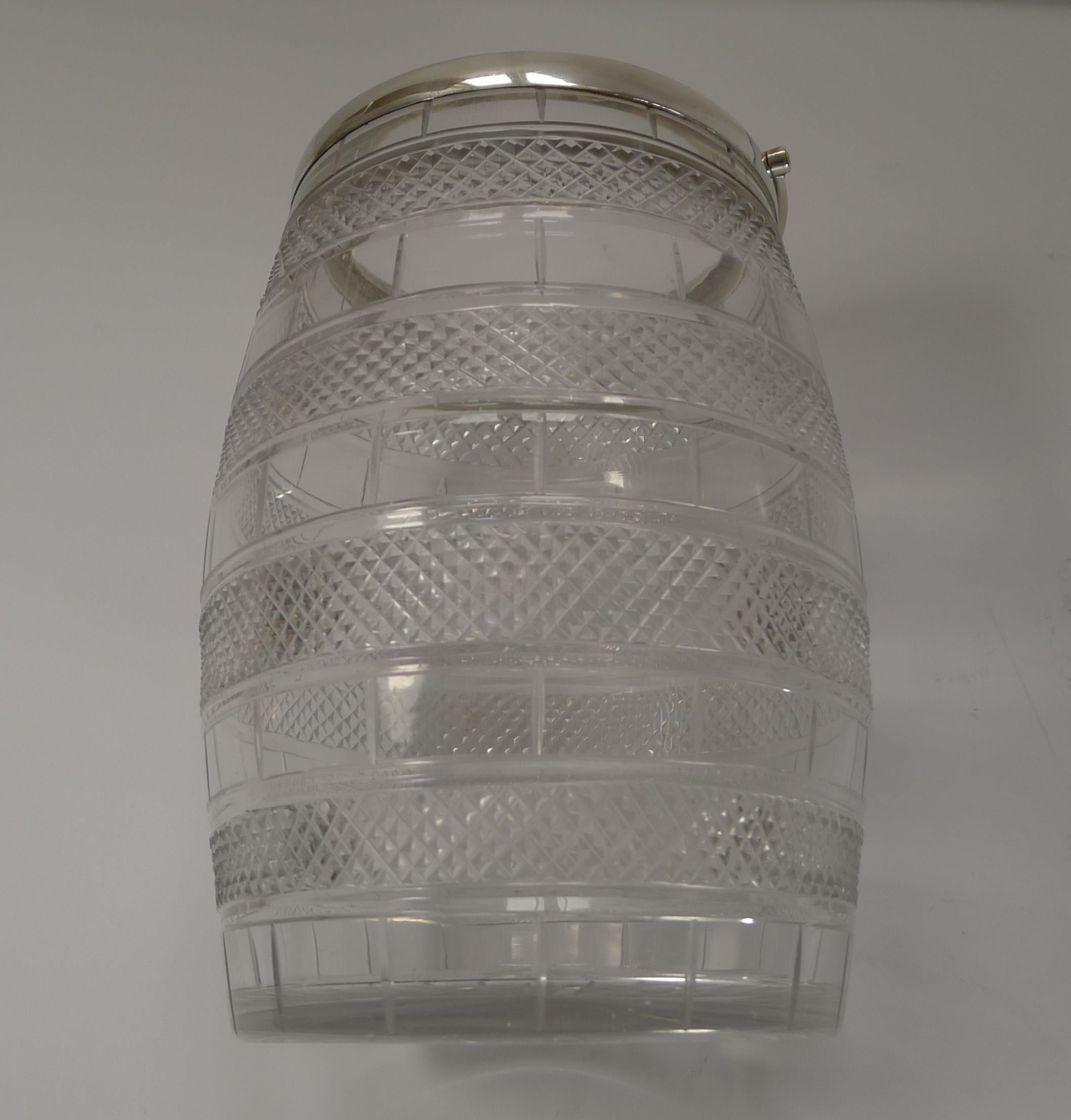 Victorian Quality Antique English Cut Glass & Silver Plate Biscuit Box / Barrel, c.1860 For Sale