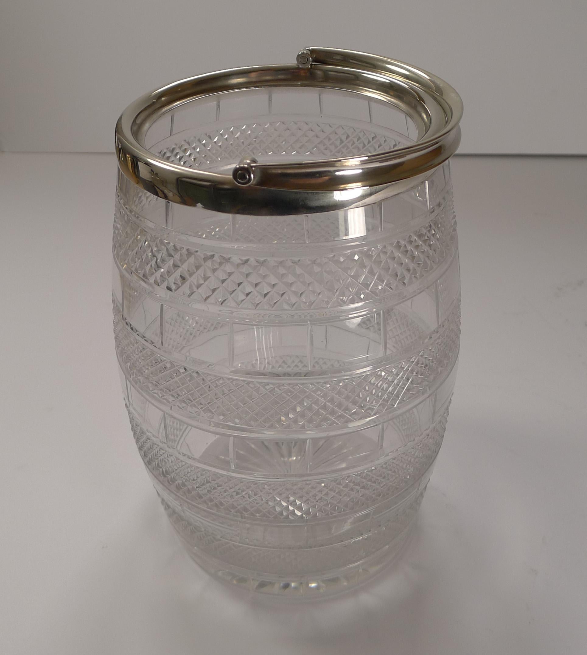 Mid-19th Century Quality Antique English Cut Glass & Silver Plate Biscuit Box / Barrel, c.1860 For Sale