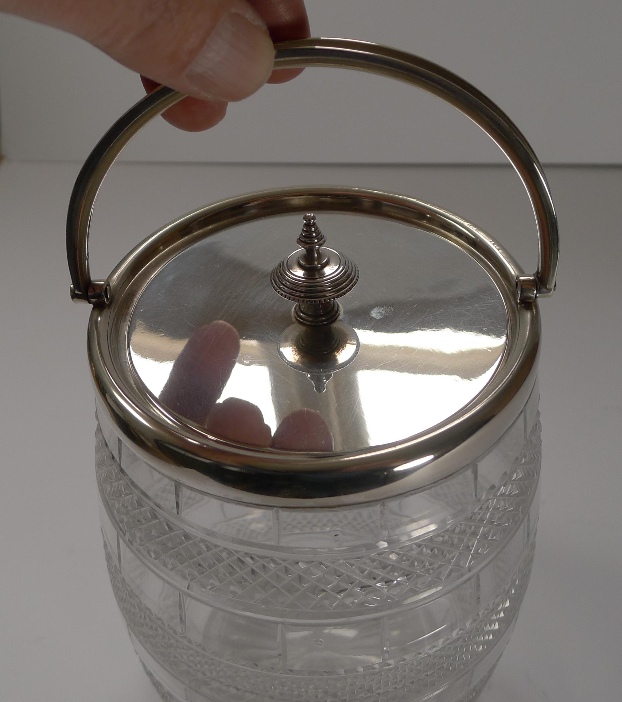 Quality Antique English Cut Glass & Silver Plate Biscuit Box / Barrel, c.1860 For Sale 1