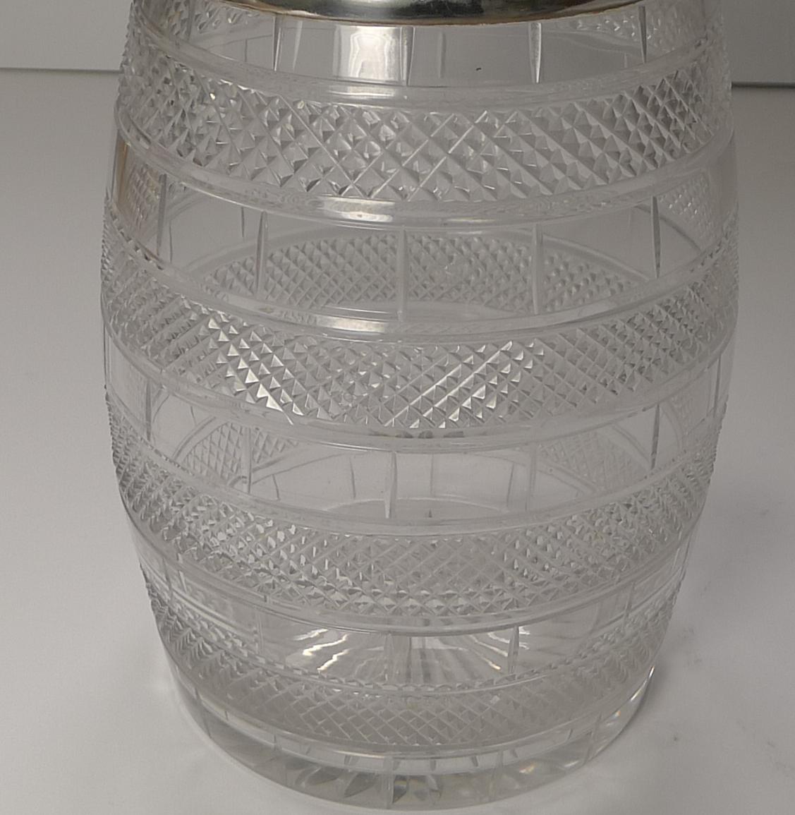 Quality Antique English Cut Glass & Silver Plate Biscuit Box / Barrel, c.1860 For Sale 2