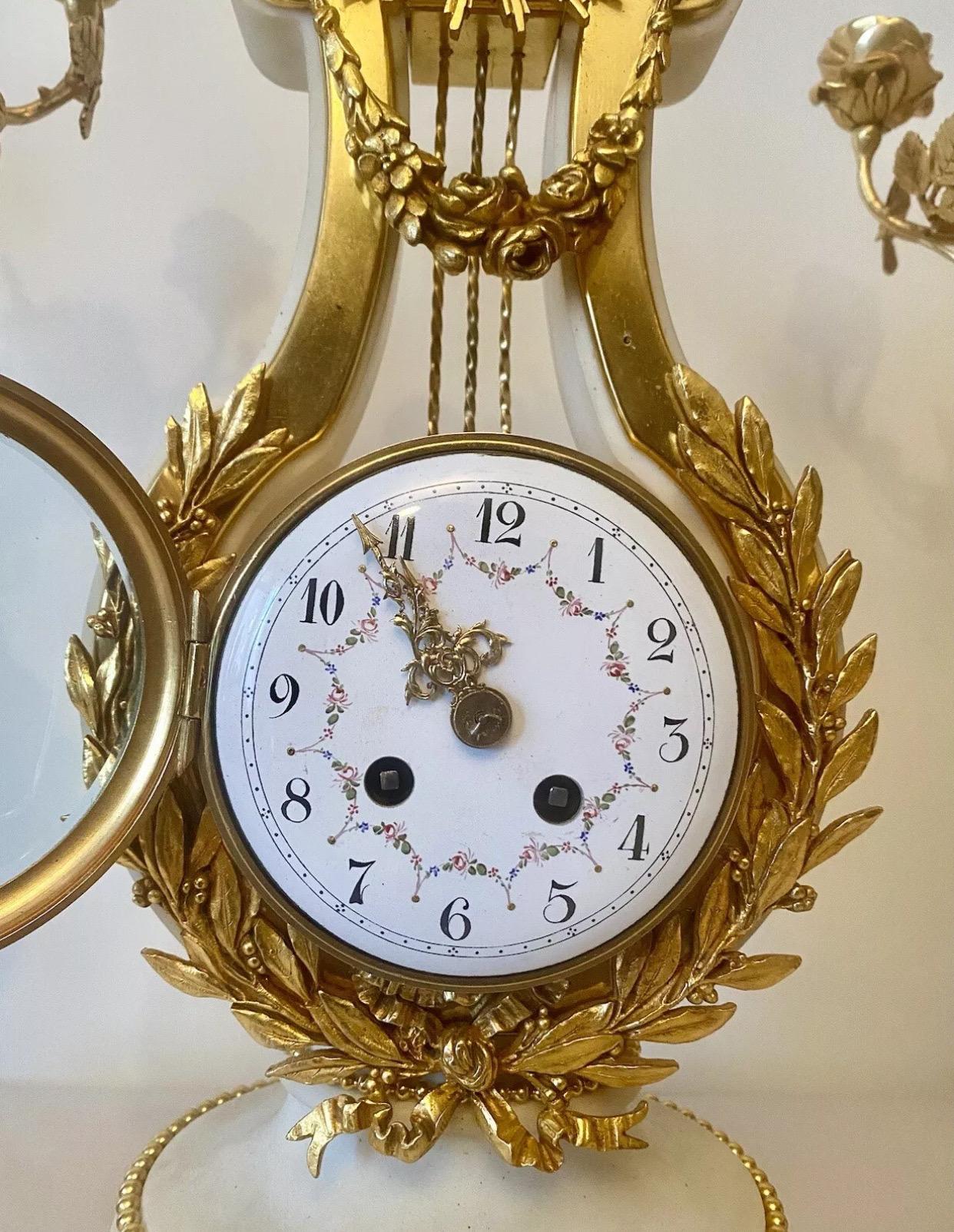 Quality Antique French Ormolu. Marble Lyre Clock Set Garniture by Vincenti & Cie For Sale 5