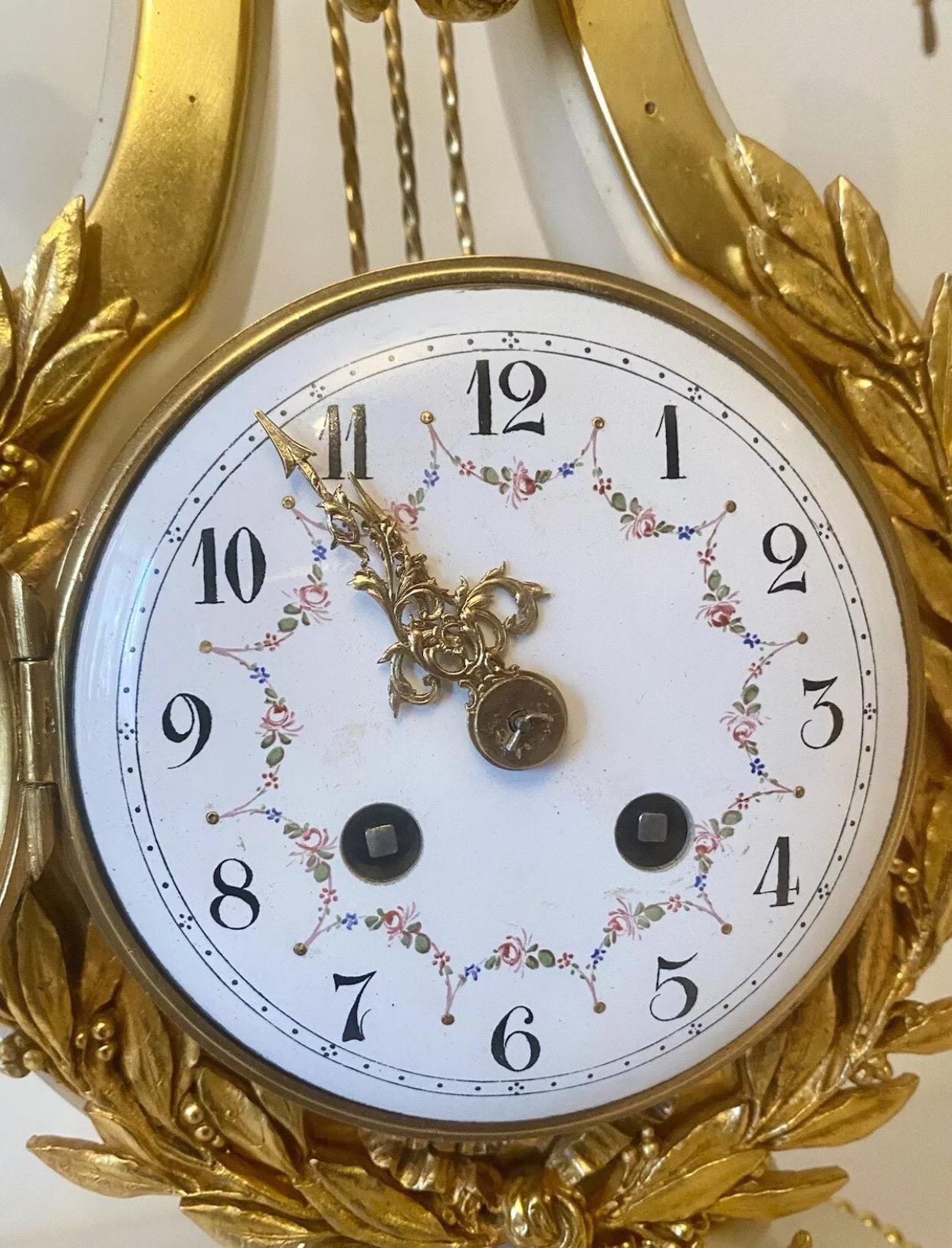 Quality Antique French Ormolu. Marble Lyre Clock Set Garniture by Vincenti & Cie For Sale 6