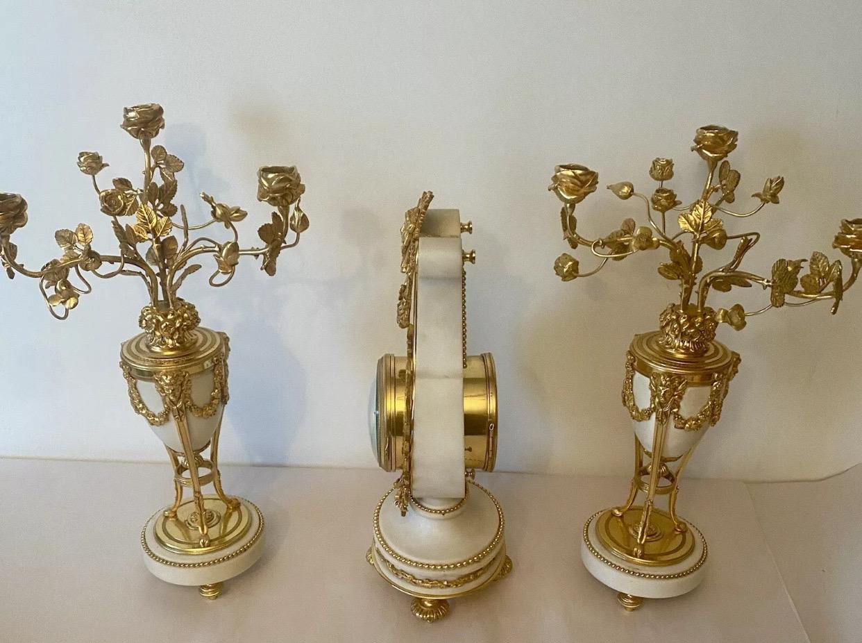 Quality Antique French Ormolu. Marble Lyre Clock Set Garniture by Vincenti & Cie For Sale 7