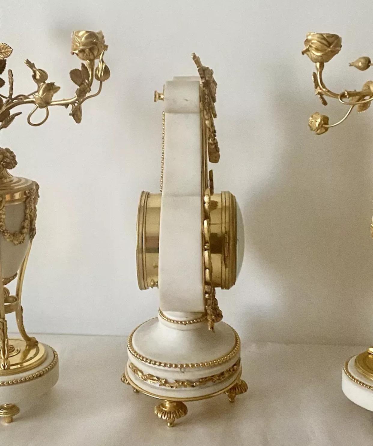 Quality Antique French Ormolu. Marble Lyre Clock Set Garniture by Vincenti & Cie For Sale 8