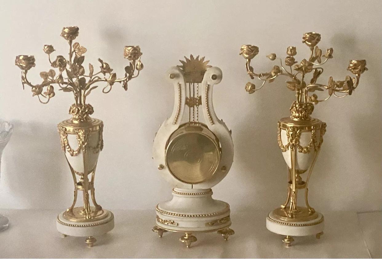 Quality Antique French Ormolu. Marble Lyre Clock Set Garniture by Vincenti & Cie For Sale 9
