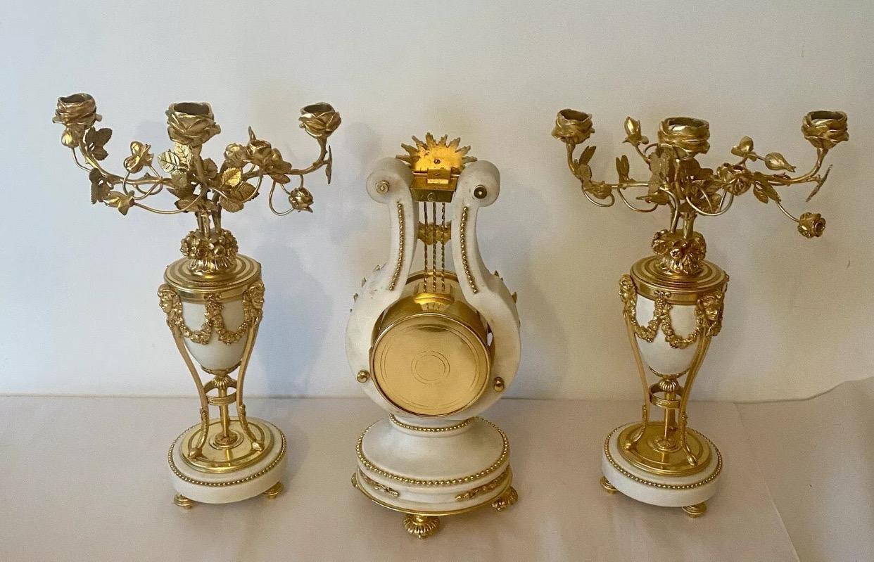 Quality Antique French Ormolu. Marble Lyre Clock Set Garniture by Vincenti & Cie For Sale 10